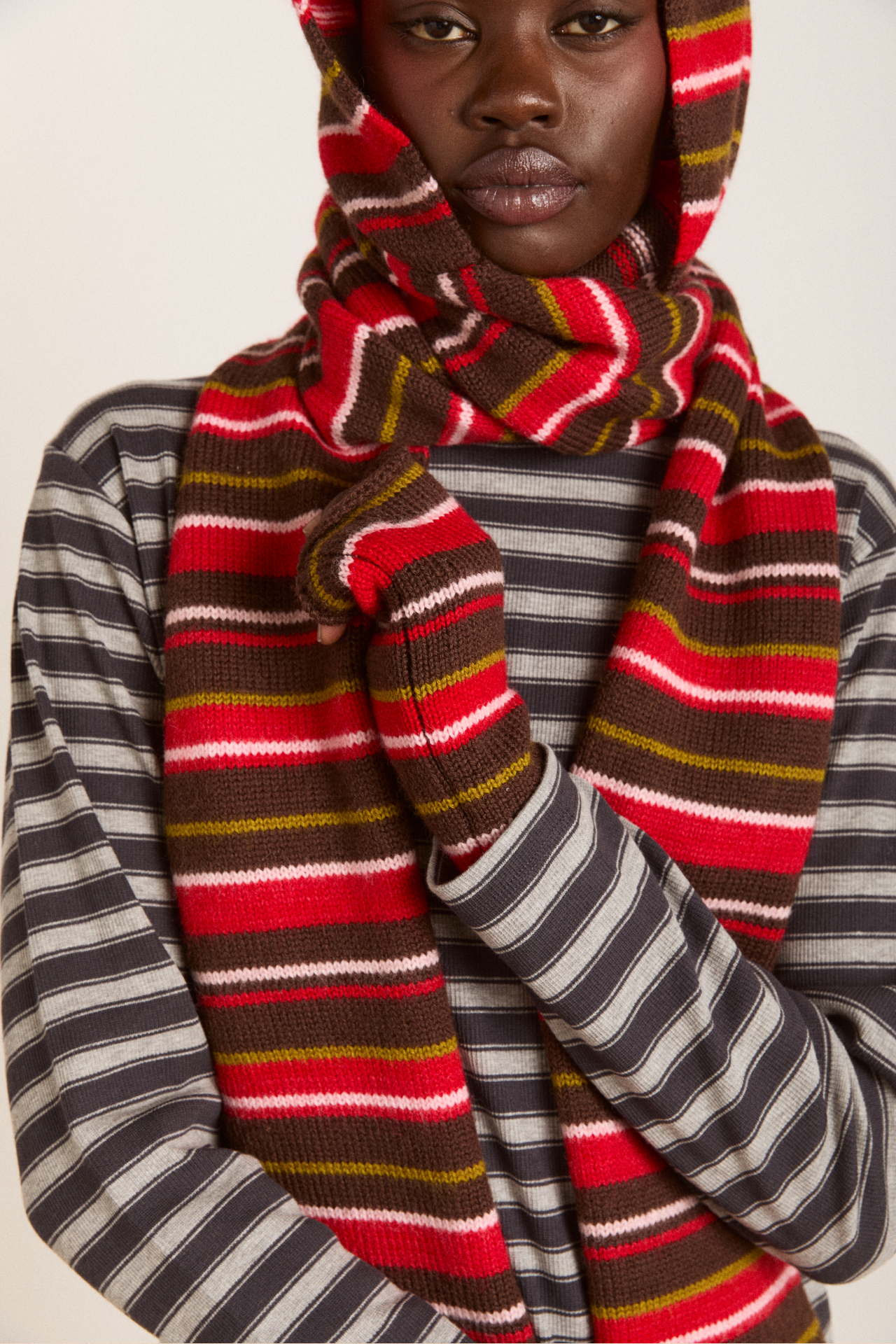 hooded scarf - choc multi stripe