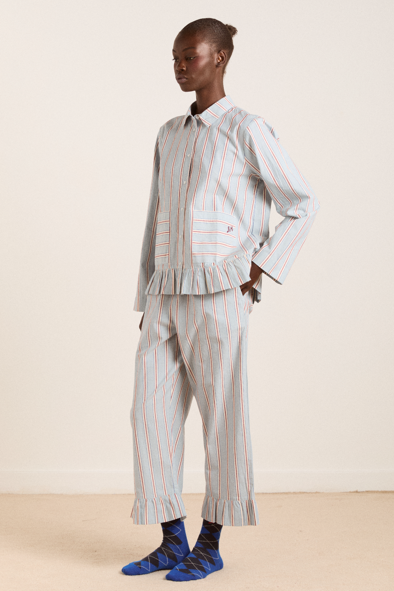 frill florie pj set - blue/burg stripe