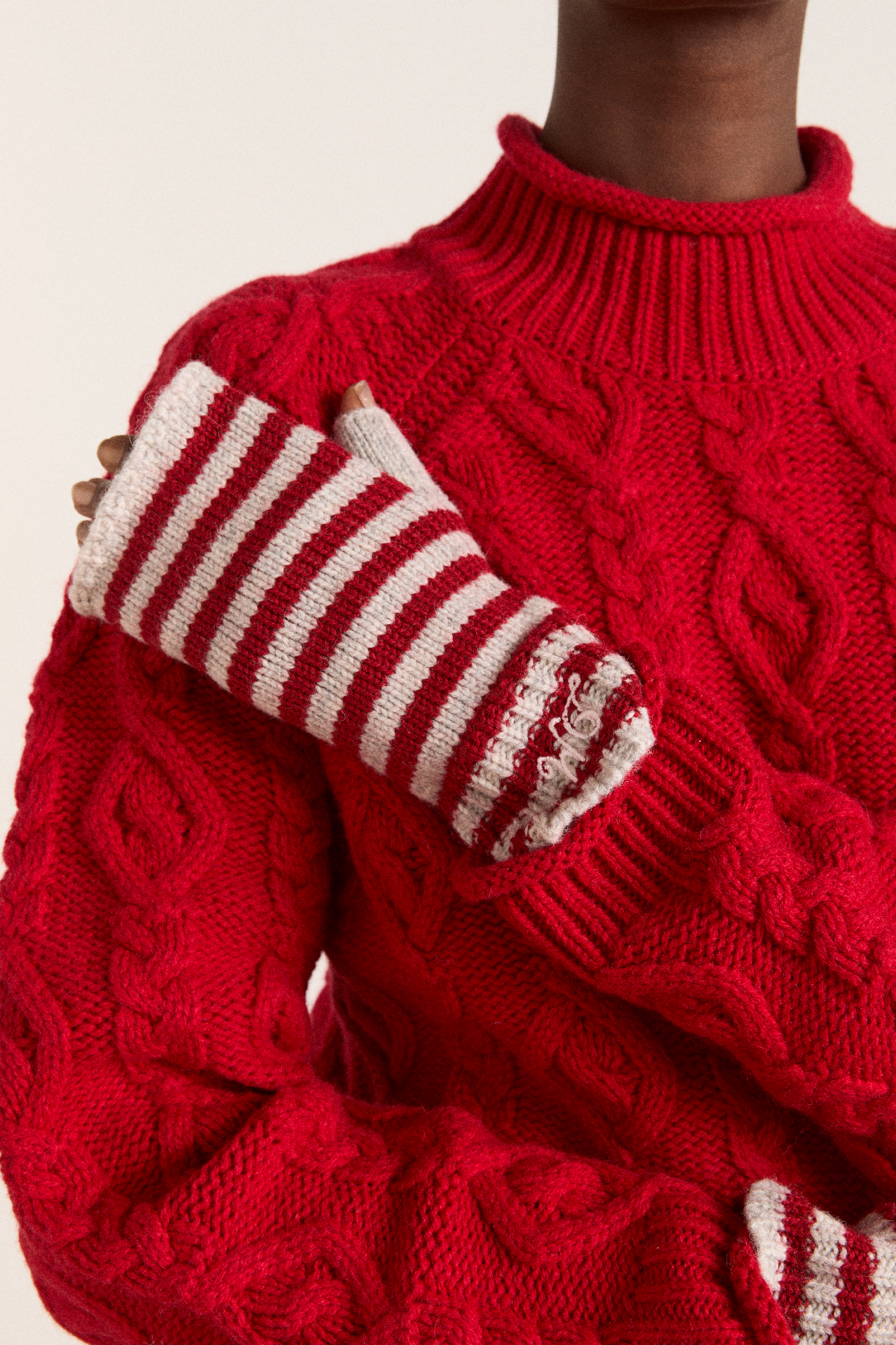 fingerless mittens - red / grey stripe