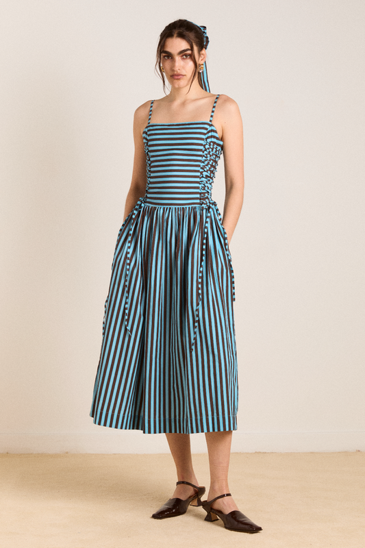 angelina midi dress - blue/choc stripe