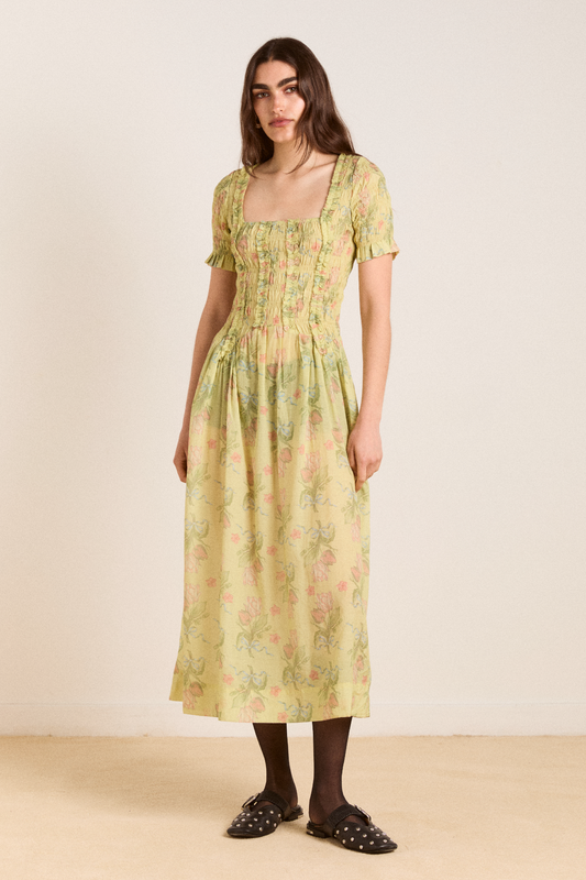 raphaela ruffle midi dress - sheer tulip olive
