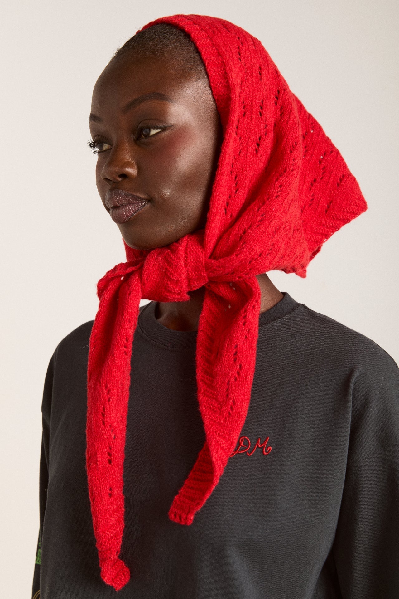 Knitted Pointelle Triangle Scarf - Red