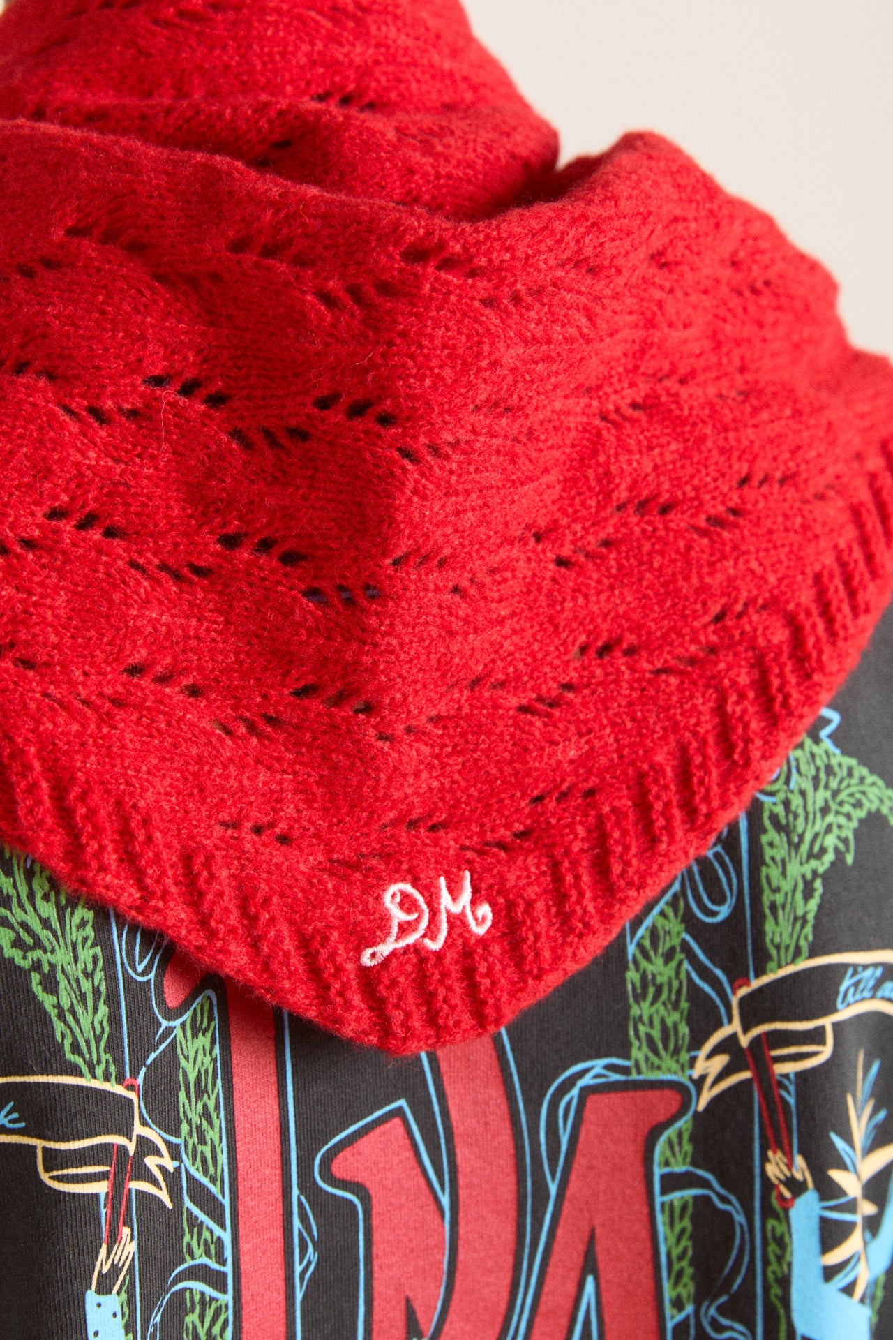 Knitted Pointelle Triangle Scarf - Red