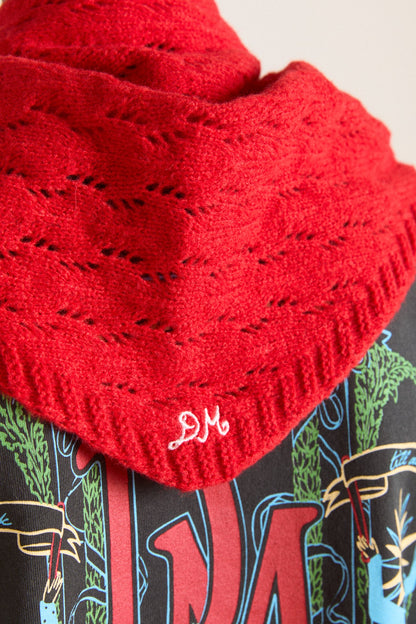 Knitted Pointelle Triangle Scarf - Red