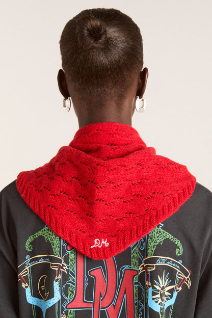 Knitted Pointelle Triangle Scarf - Red