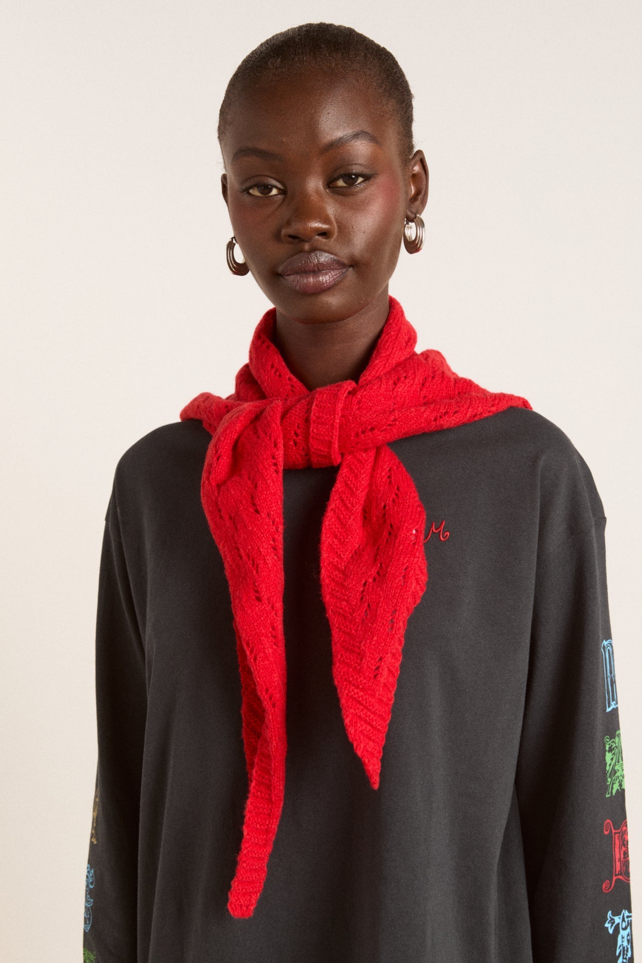 Knitted Pointelle Triangle Scarf - Red