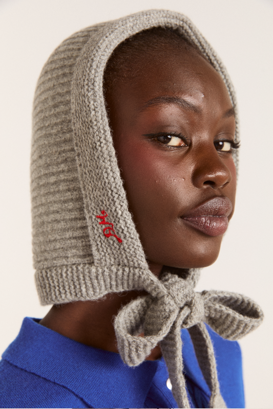 ribbed bonnet with tie detail - grey marl