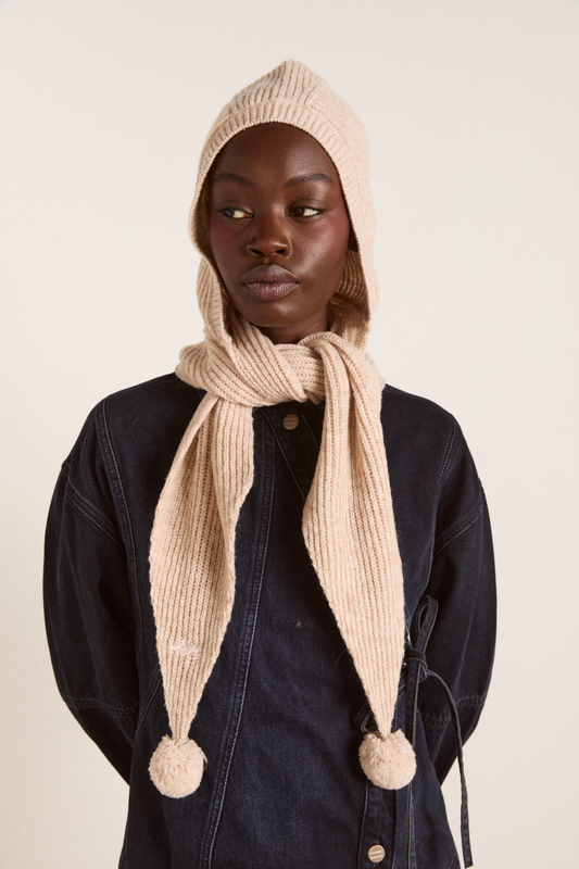 tie front hood with pom pom detail - oatmeal