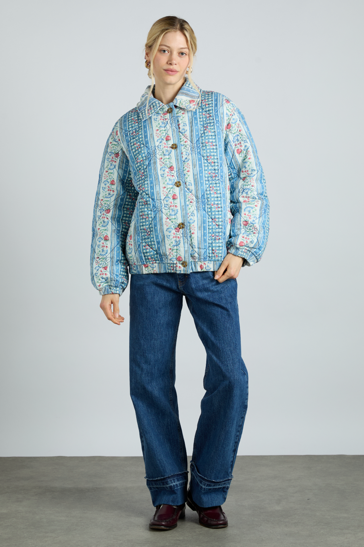 reversible claudia jacket- blue stripe & wallpaper floral