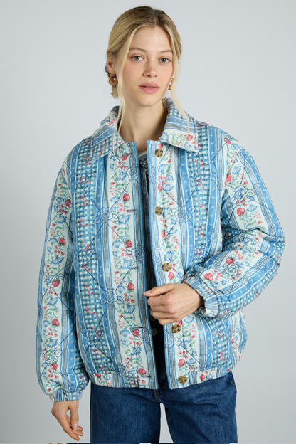reversible claudia jacket- blue stripe & wallpaper floral