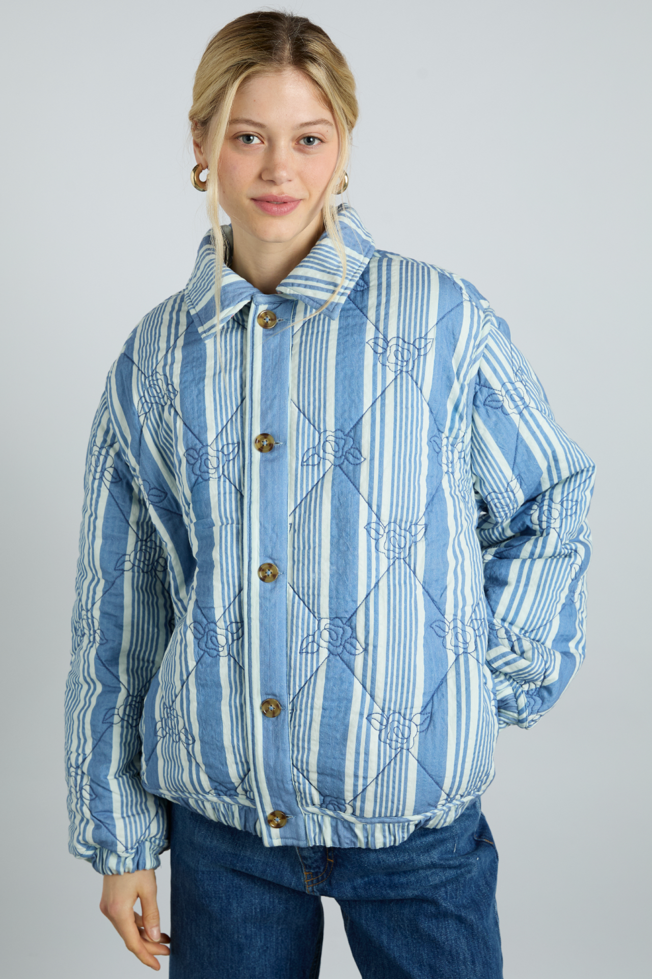 reversible claudia jacket- blue stripe & wallpaper floral