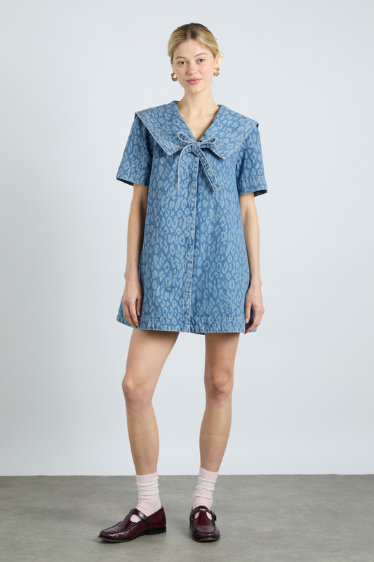 goldie dress - denim leopard laser