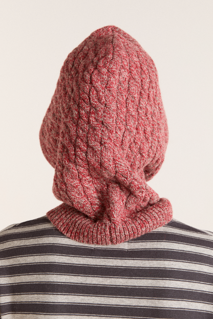 tie front hood in mixed yarn - red / grey