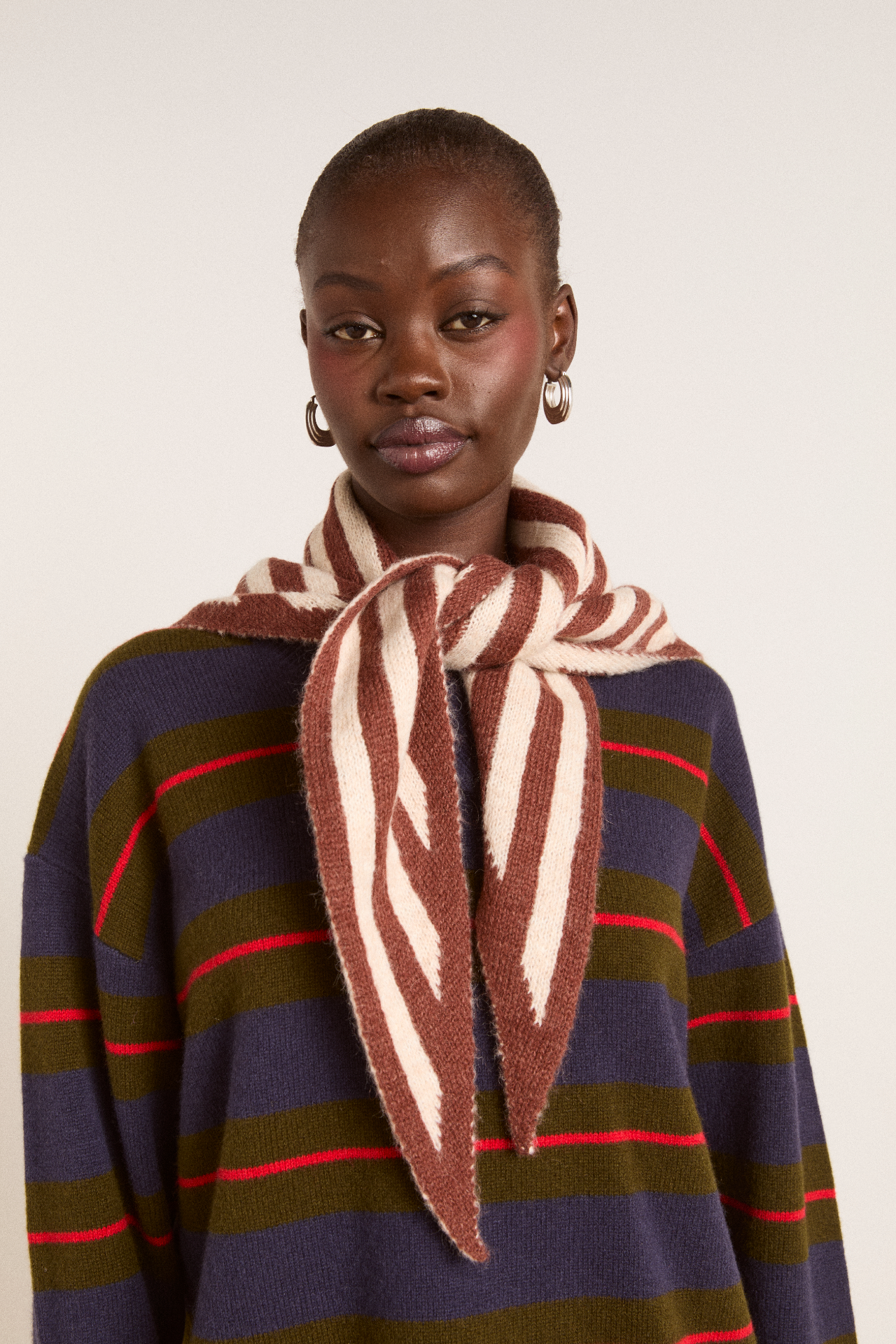 Knitted Stripe Triangle Scarf- Choc & Ecru