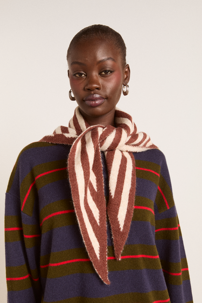 Knitted Stripe Triangle Scarf- Choc & Ecru
